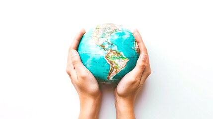 Our Planet, Our Hands: Vibrant globe cradled securely in open hands against clean white backdrop, symbolizing environmental awareness, global unity, Responsible stewardship.Hands holding Earth