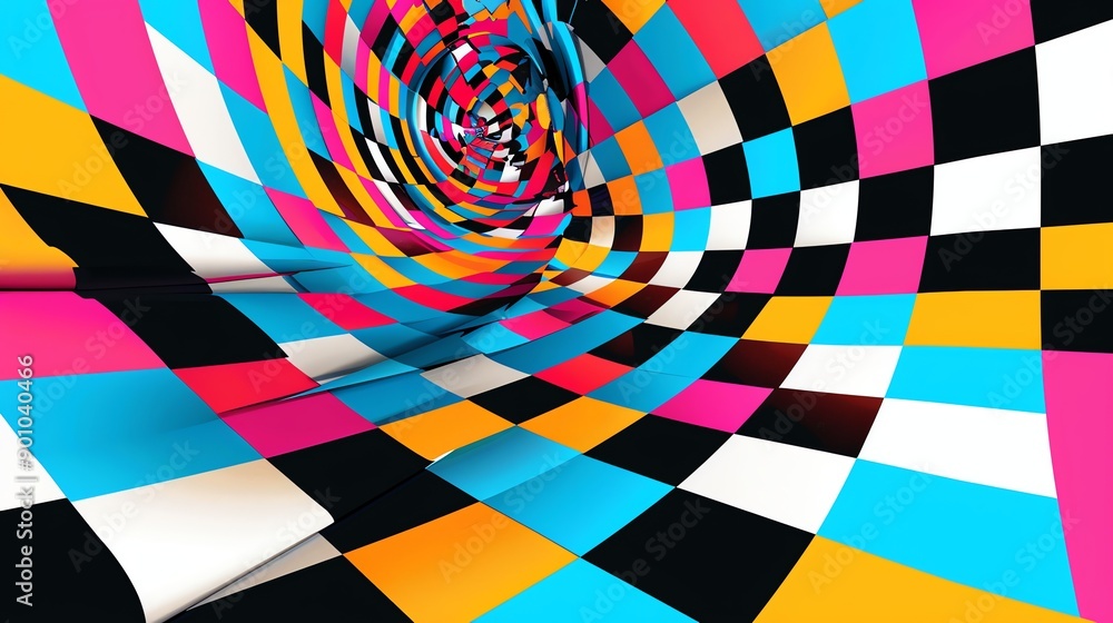 Poster a colorful checkered pattern warped into a spiral shape.
