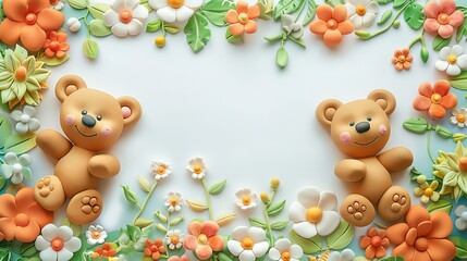 Two brown teddy bears made from clay surrounded by flowers.