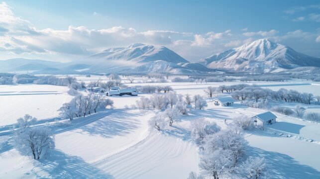 Hokkaido Winter Landscape, Japan - Snow-covered mountains and fields