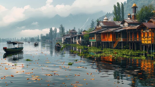 Srinagar, India - Scenic lake and houseboats in the Kashmir region