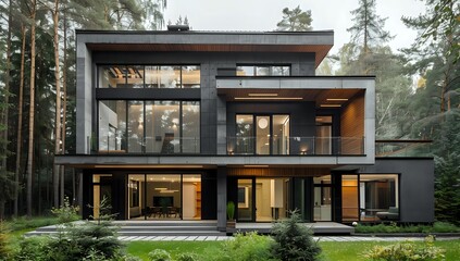 Fototapeta premium Modern Forest Home with Concrete Facade and Expansive Windows