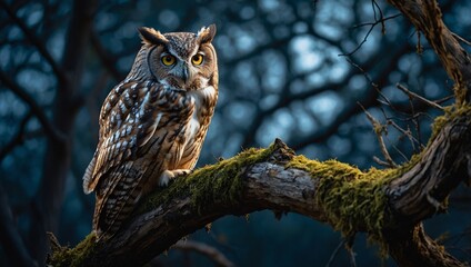 A majestic owl perched on a gnarled tree branch, its piercing eyes glowing in the moonlight.