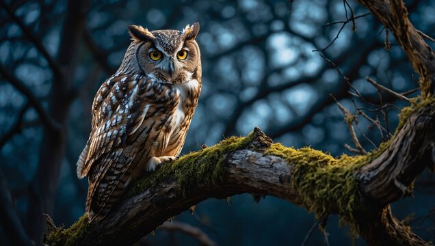 A majestic owl perched on a gnarled tree branch, its piercing eyes glowing in the moonlight.