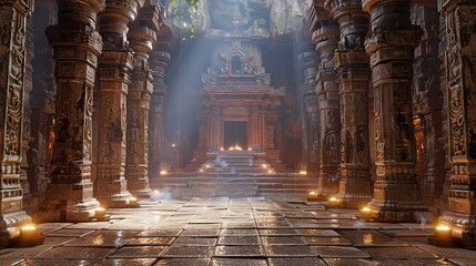An ornate temple interior with a light shining from the doorway.