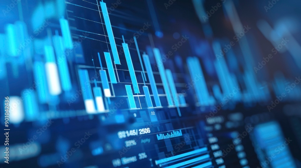 Aufkleber close-up of blue financial data display with charts and numbers