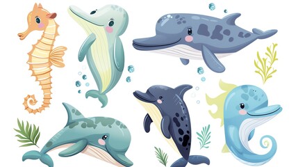 Obraz premium A set of cartoon sea creatures including a seahorse and dolphins.