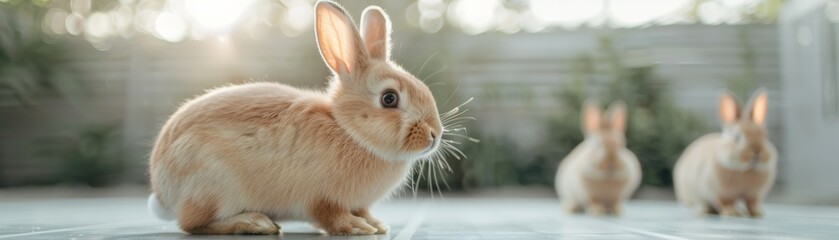 Obraz premium A cute rabbit sits peacefully in a sunlit garden, surrounded by its companions, capturing the essence of tranquility and nature.