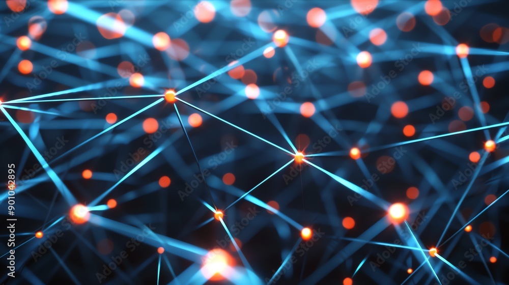 Poster abstract digital network of lines and dots in blue and orange.