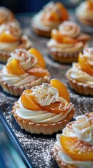 Gourmet patisserie peach tartalette with white whipped cream, modern french patisserie restaurant blurry background