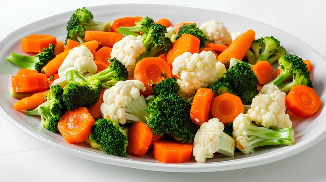 Vibrant steamed vegetables including broccoli, carrots, and cauliflower, arranged on a white plate.