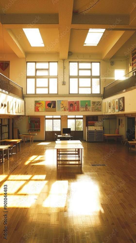 Poster empty classroom with sunlight streaming through windows and artwork on walls