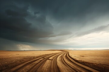 Naklejka premium Dramatic Dirt Road in Vast Wilderness Landscape with Stormy Skies