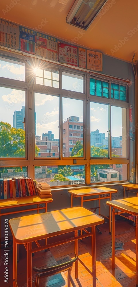 Poster empty classroom with sunny window view and desks