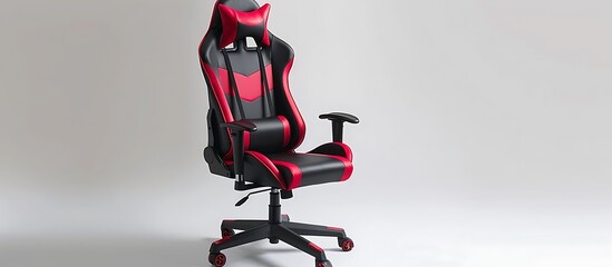 A modern ergonomic gaming chair with adjustable features and sleek black and red upholstery placed against a white background The chair combines style with maximum comfort