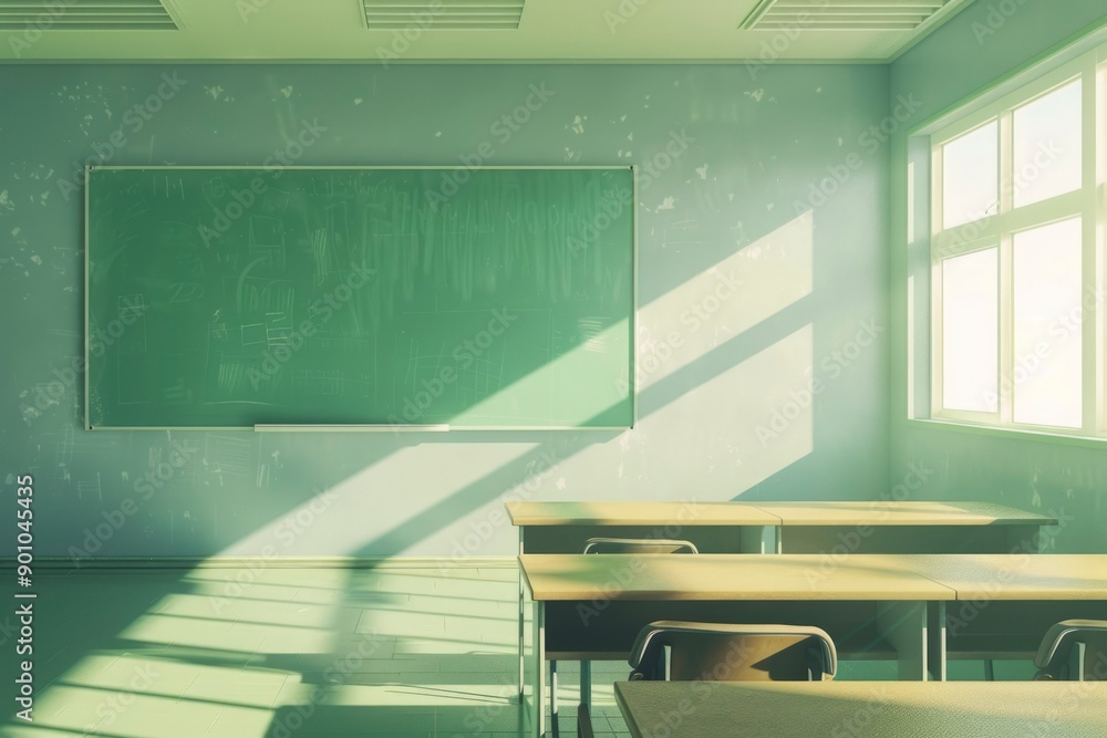 Poster empty classroom with chalkboard and sunlight streaming through window