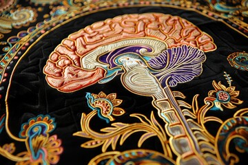Intricately Embroidered Brain Design on Fabric Representing Artistic Neuroscience