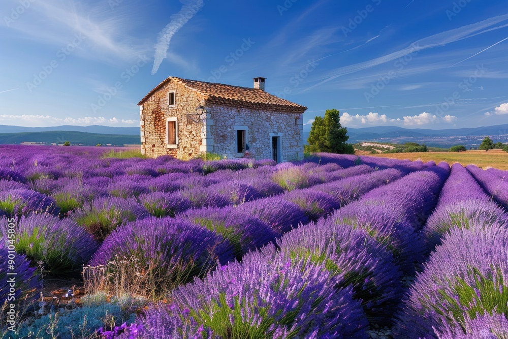 Wall mural House in lavender field under vibrant blue sky