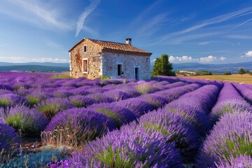 House in lavender field under vibrant blue sky
