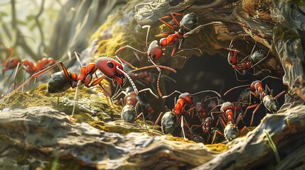 A close up view of ants moving and safeguarding their eggs in a beautifully detailed and realistic nest setting