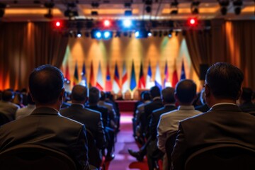 Attendees at a Formal Event Looking Towards a Stage with Flags