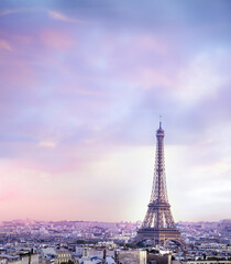 Sunset Eiffel tower and Paris city view form Triumph Arc. Eiffel Tower from Champ de Mars, Paris, France. Beautiful Romantic background