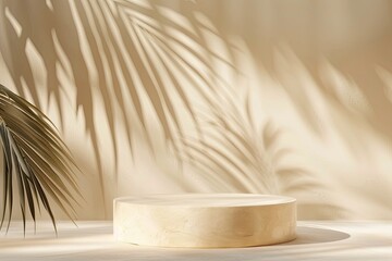 Beige concept product display podium Rock Stone with blurred background with sunlight shadow with generative ai