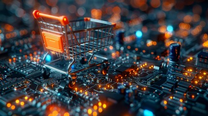 Miniature shopping cart on a circuit board - generative ai