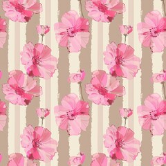Seamless pattern with pink flowers on a beige striped background, made in the style of a pink floral pattern.
