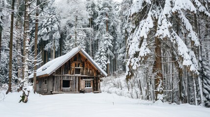 Rustic wooden cabin in a snowy pine forest
