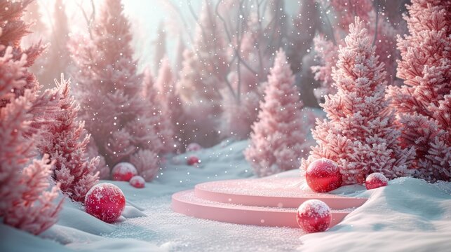 Winter wonderland with pink trees and snow - generative ai