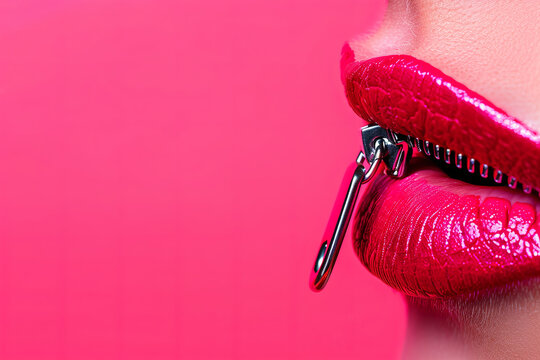 Red zipper mouth on a pink background, communication and women's issues concept