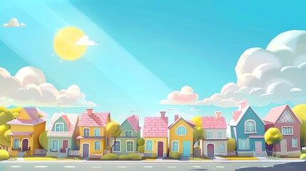 A row of colorful houses on a sunny day, with a blue sky and white clouds.