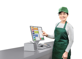 Active asian seller wear green uniform smiling with point of sale terminal or cashier desk