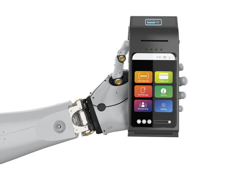 Cashless payment with robot hand holding credit card reader isolated