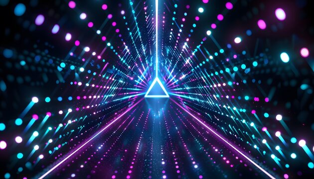 3d render, ultraviolet neon triangular portal, glowing lines, tunnel, corridor, virtual reality, abstract fashion background, violet neon lights, arch, pink blue triangle, spectrum, laser show 