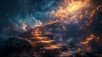 Obraz premium Stairway to the stars with glowing steps - generative ai