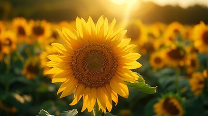 Fototapeta premium Sunflower in field at sunset - generative ai