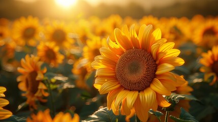 Fototapeta premium Sunflower field at sunset - generative ai