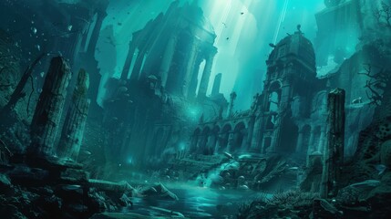 Fototapeta premium Underwater ruins of Atlantis featuring ancient arches and sunken structures. Mystical and captivating marine exploration.