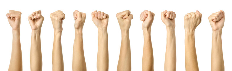 Fist. Multiple images set of female caucasian hand with french manicure showing fist gesture
