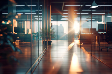 Creative office with open glass doors, chairs and tables, without people