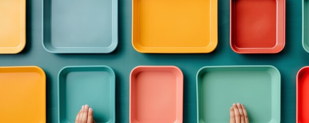 Colorful organizing trays arranged on a flat surface, featuring various sizes and vibrant shades, with hands touching one for a creative composition.