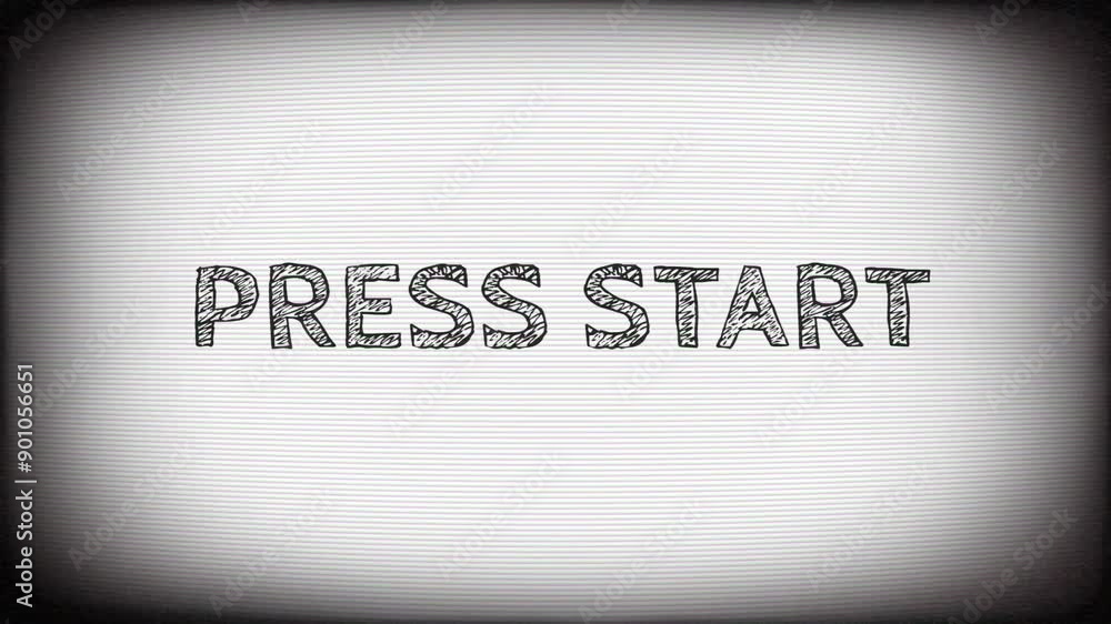 Poster press start text message animation on a television or computer screen with distortion effects