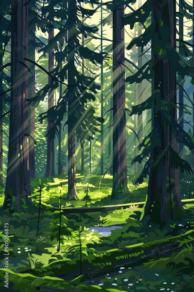 Poster sunbeams filtering through tall trees in a lush forest