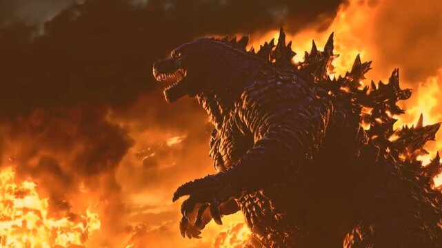 Roaring and Breathing Fire in Dramatic Side View