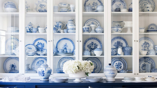 Exquisite Hamptons China Cabinet: Display Your Blue and White Collection in Elegant Glass Cabinets, Enhanced by Classic Coastal Decor for a Timeless and Inviting Touch in Your Home.