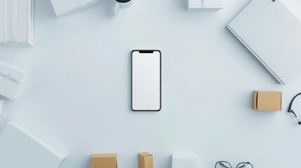 Smartphone with blank screen on white table with packages, glasses and office supplies,  Business concept.