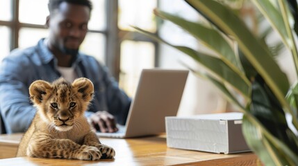 Fototapeta premium Young lion cub in an office setting, curiously exploring a desk, with a blurred person in the background. Unique workspace concept.