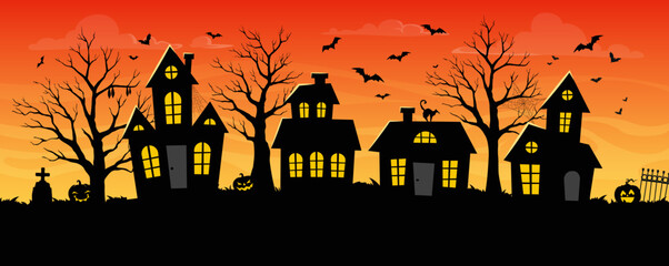 Halloween abandoned town, building silhouettes, danger pumpkins and flying bats at sunset sky vector background. Halloween trick or treat holiday spooky street with horror houses, creepy cemetery, cat © Vector Tradition